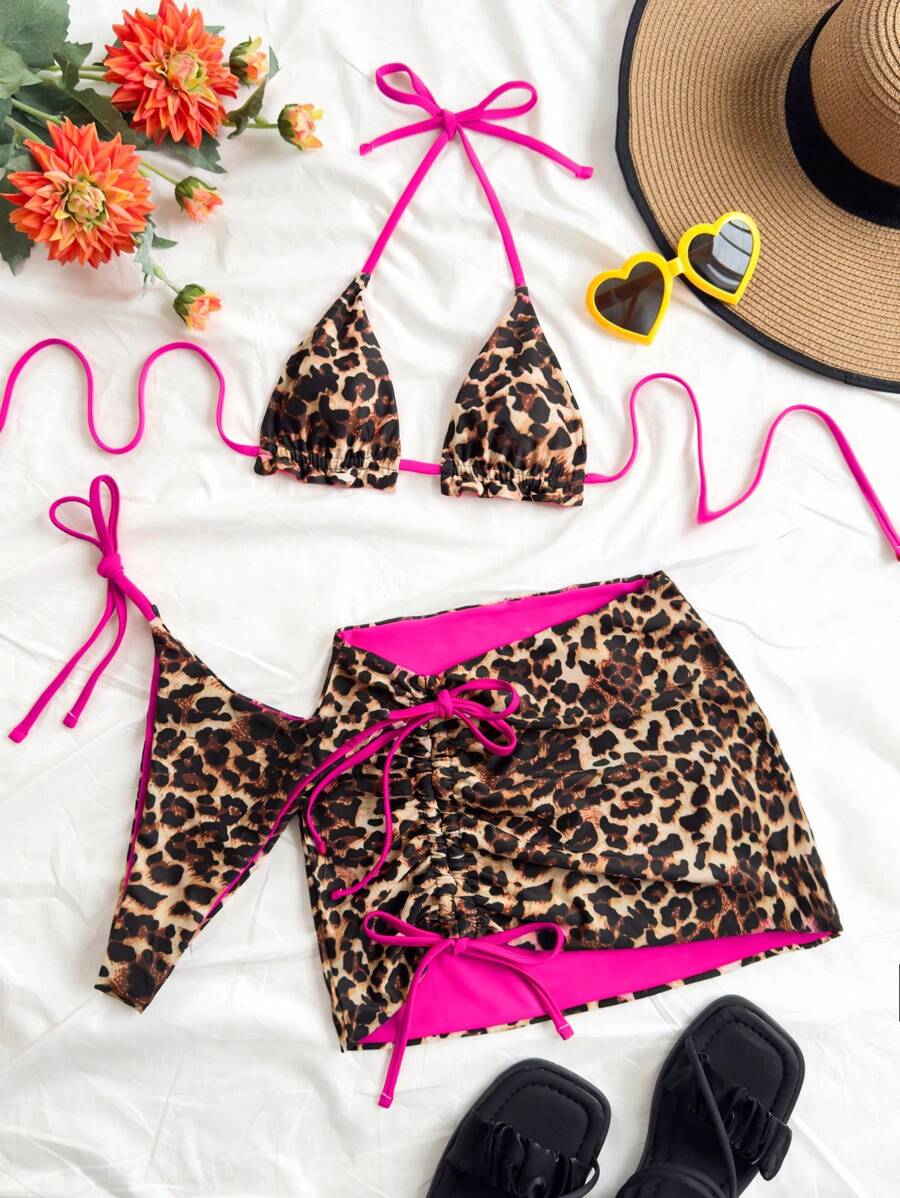 Soleia Set de 3 piezas de bikini para mujer con estampado de leopardo y color rojo, ideal para vacaciones