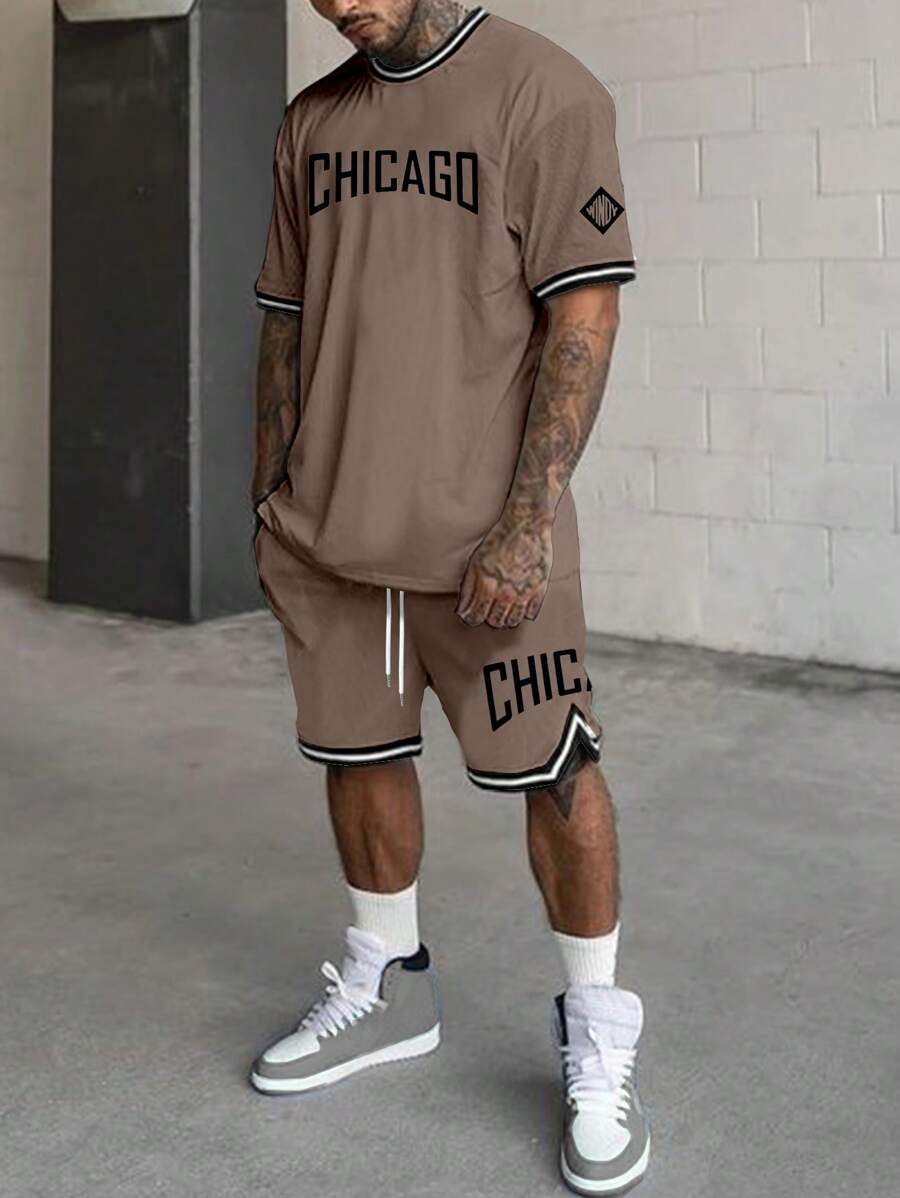 Manfinity Homme Conjunto de shorts de baloncesto y camiseta, simple y de moda, adecuado para verano, juego de 2 piezas para hombres