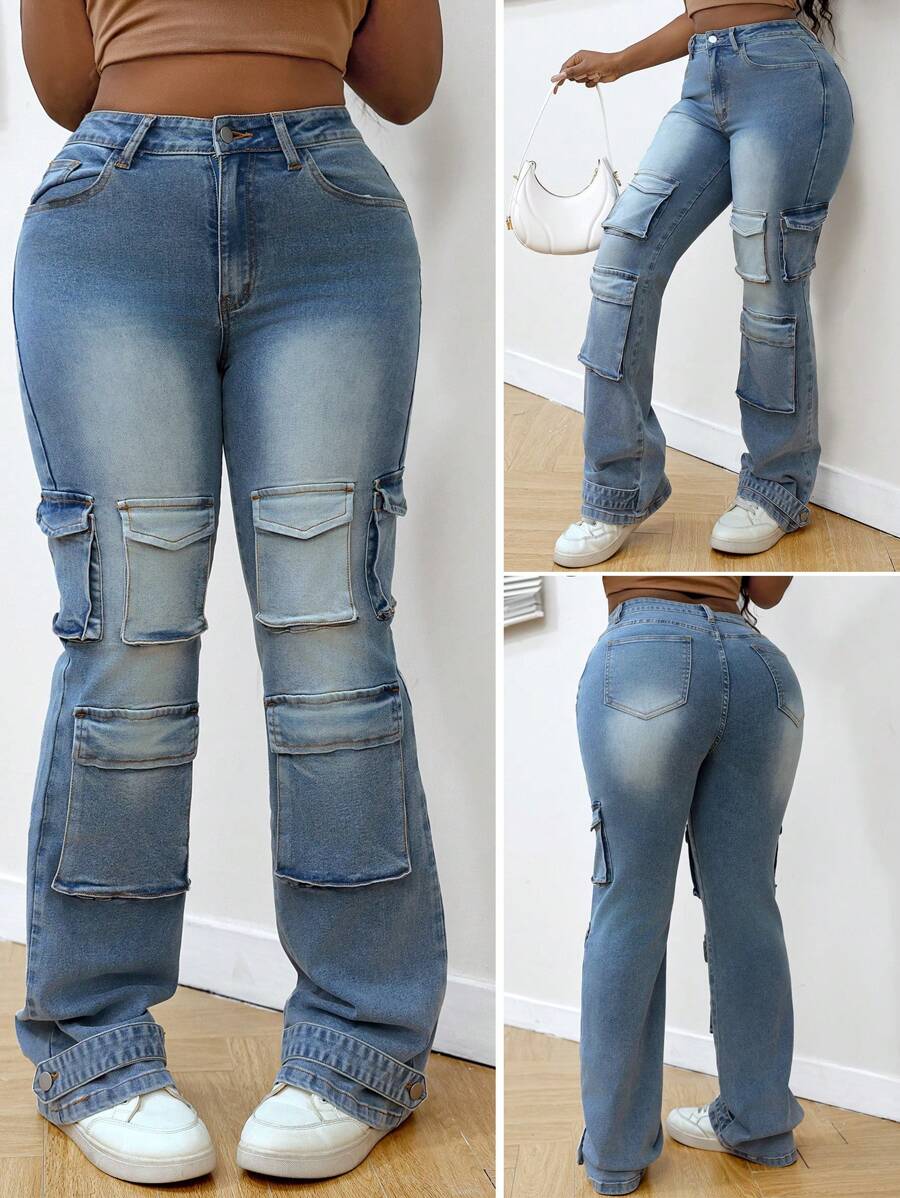 SHEIN Slayr Women's Multi-Pocket Flared Casual Versatile Denim Jeans
