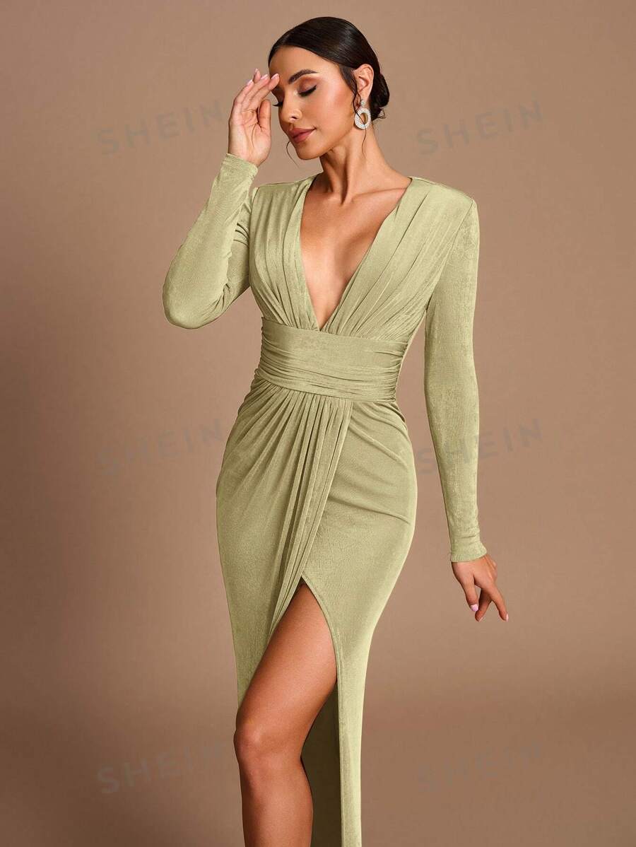 SHEIN Belle Vestido de dama de honor de punto de manga larga, con corte recto, abertura lateral y cintura fruncida, en un elegante y romántico color café