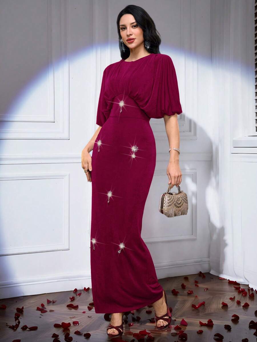 Modelyn Dames Strass Decor Ronde Hals Vleermuismouwen Getailleerde Jurk, Elegant