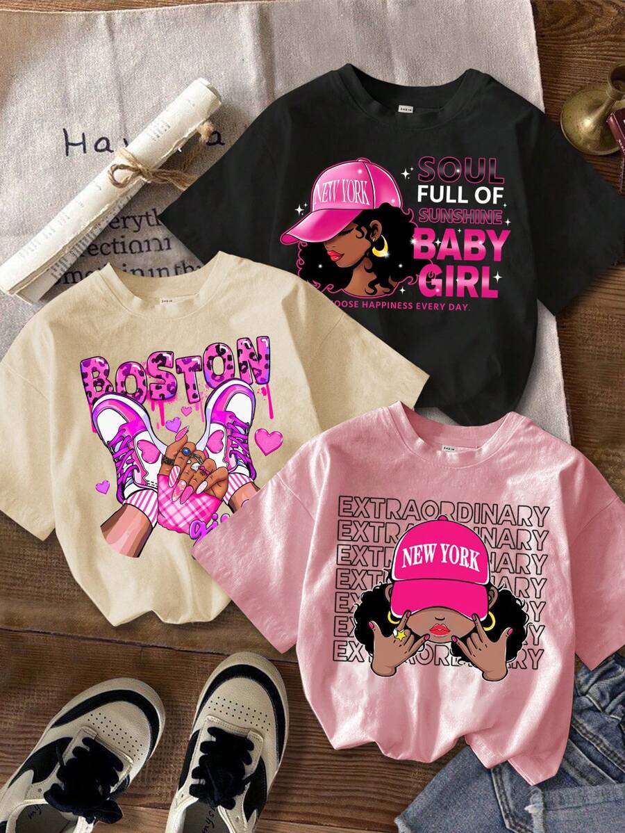 SHEIN Tween Girls Casual Cartoon Print Multiple Pieces T-Shirts, Suitable For Summer