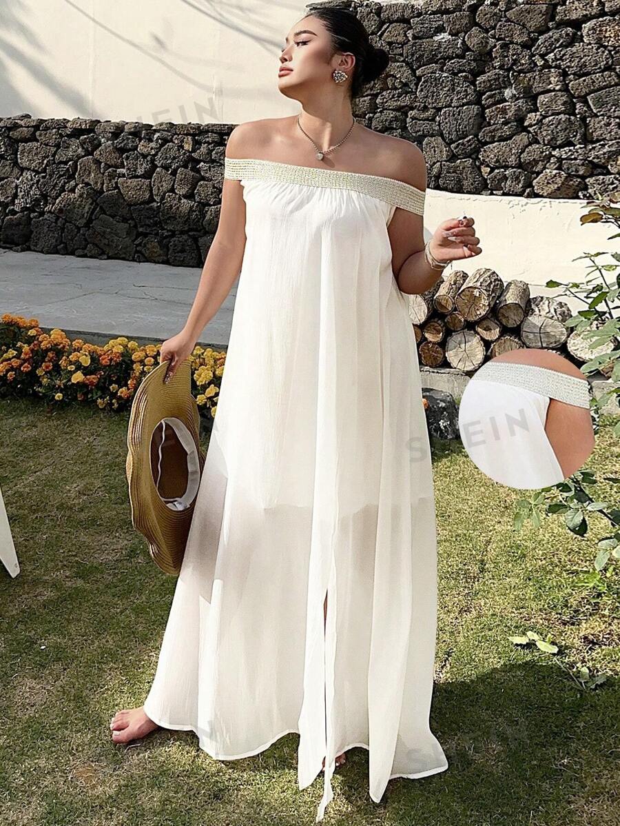 Breezaya Vestido holgado de primavera/verano de unicolor con hombros descubiertos y abertura, talla grande