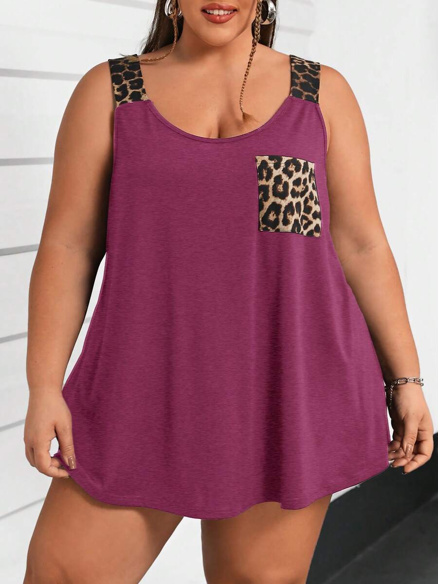 SHEIN CURVE+ Plus Size Women's Crew Neck Sleeveless Pocketed Leopard Print Patchwork Loose Fit Cami Top