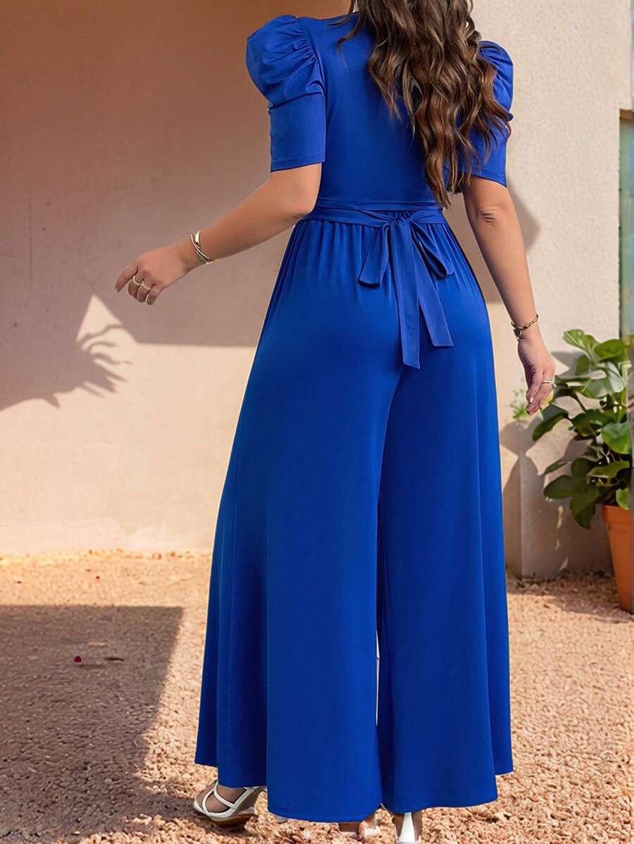 SHEIN Privé Conjunto elegante y versátil de top corto de manga abullonada corta con cuello redondo y lazo cruzado, y pantalones anchos de pierna ancha en talla grande para uso en la oficina, de paseo, para tomar el té, en citas, conciertos, fiestas, fotos en la playa, etc.
