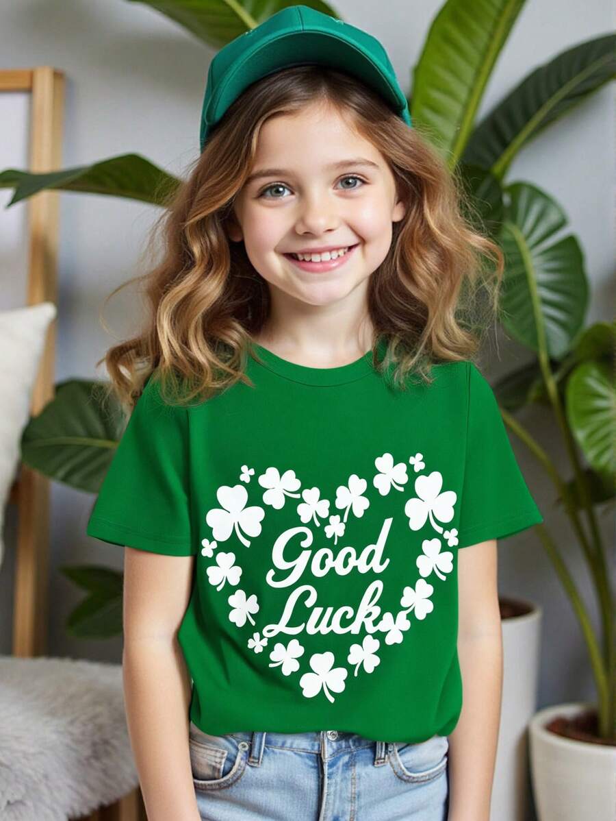 Camiseta de manga corta informal de verano para niñas con estampado de trébol y corazón, adecuada para picnics al aire libre, estar en casa descansando, Día de San Patricio