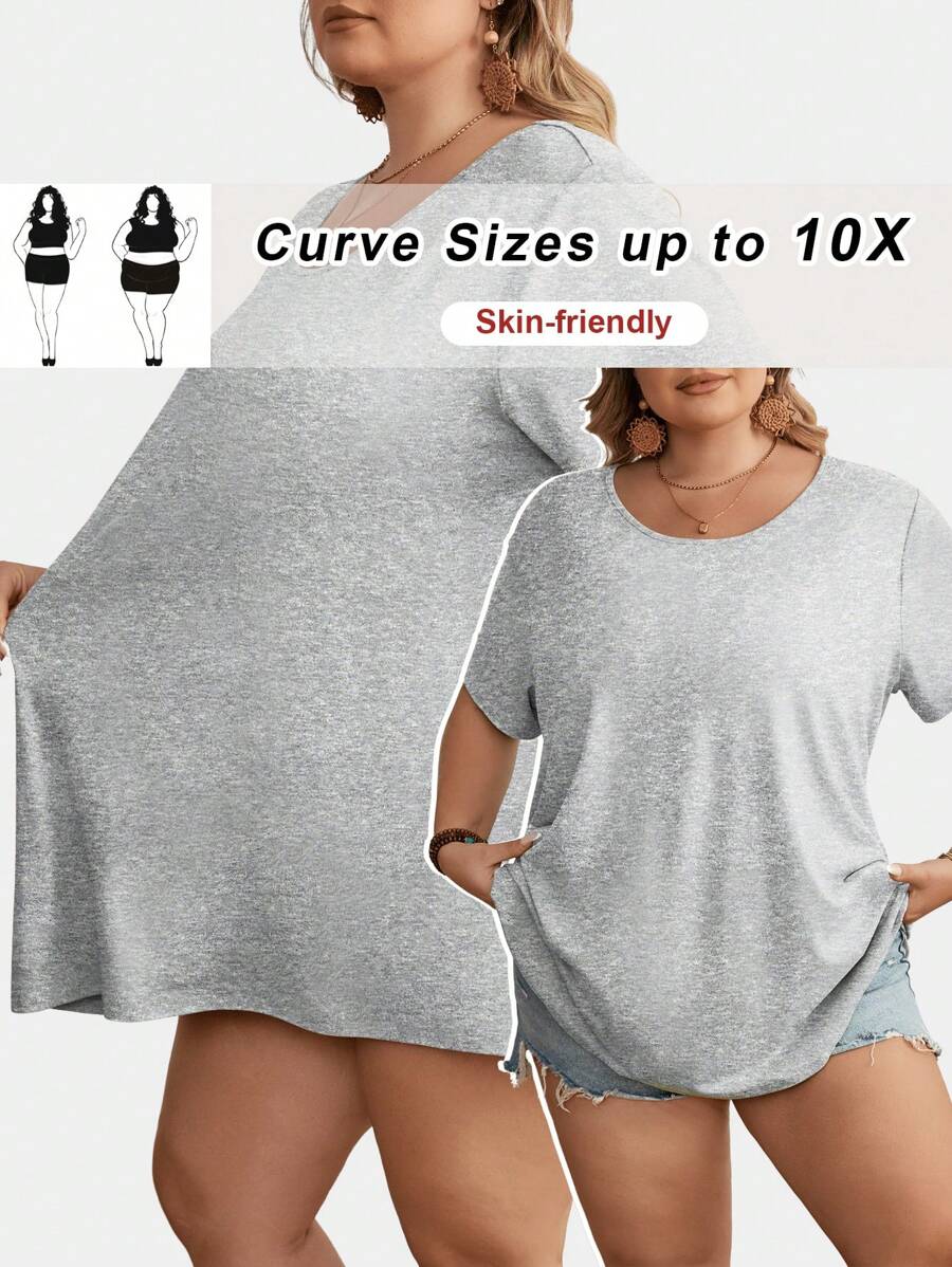 SHEIN CURVE+ Plus Size Women Plain Crew Neck Short Sleeve Casual Loose T-Shirt