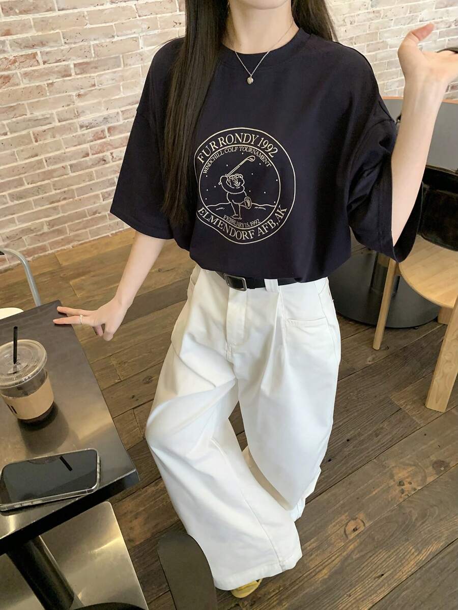 DAZY Women's Round Neck Printed Short Sleeve Casual T-Shirt, Minimalist Daily Wear Summer Oversized T-Shirt