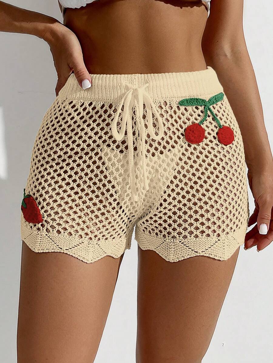 SHEIN Swim Abito copricostume estivo da donna in maglia e con shorts, decorato con ciliegie e con lavorazione traforata
