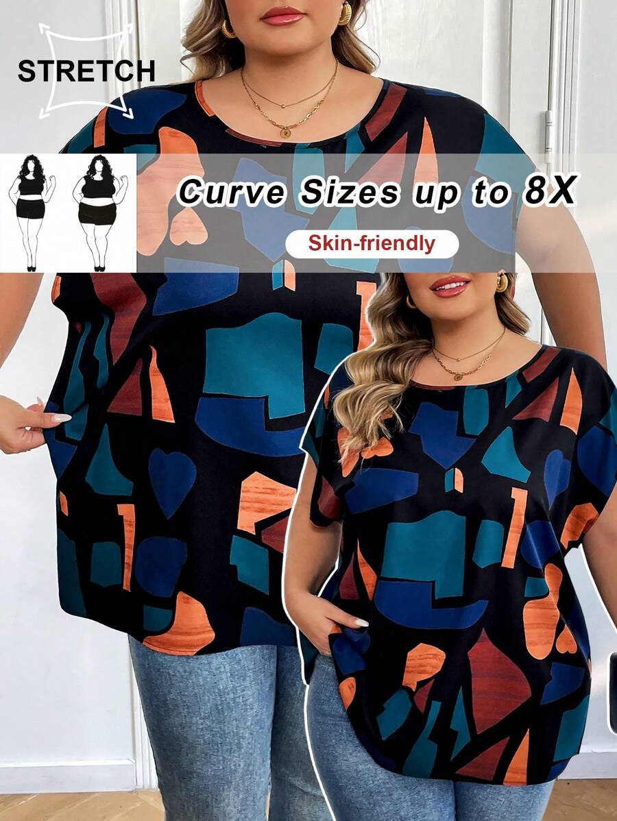 SHEIN CURVE+ Camisa casual de manga murciélago con estampado geométrico para mujer de talla grande