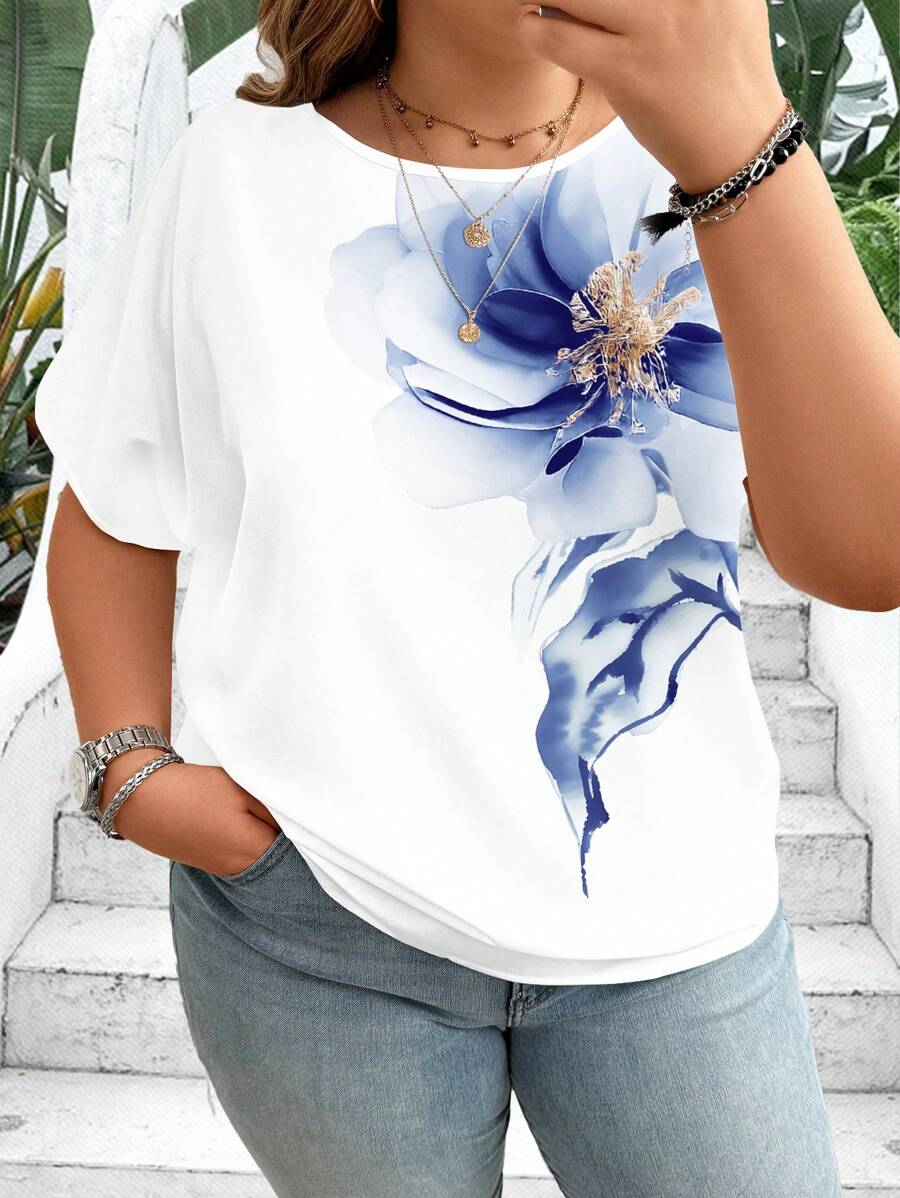 EMERY ROSE Camicia casual a maniche corte da donna con scollo rotondo, oversize, con stampa floreale