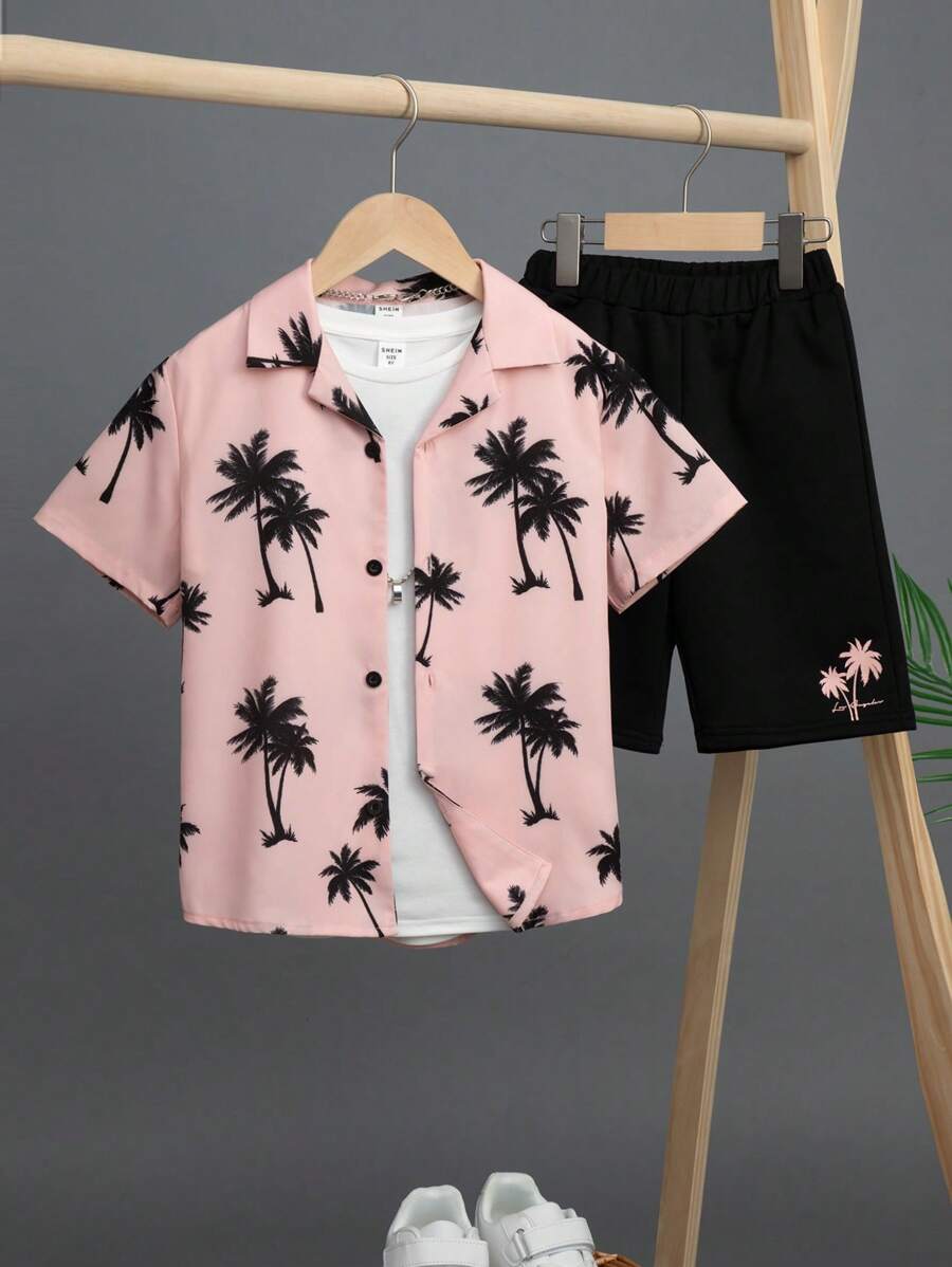 SHEIN Tween Boy Tropical Print Shirt & Shorts Without Tee