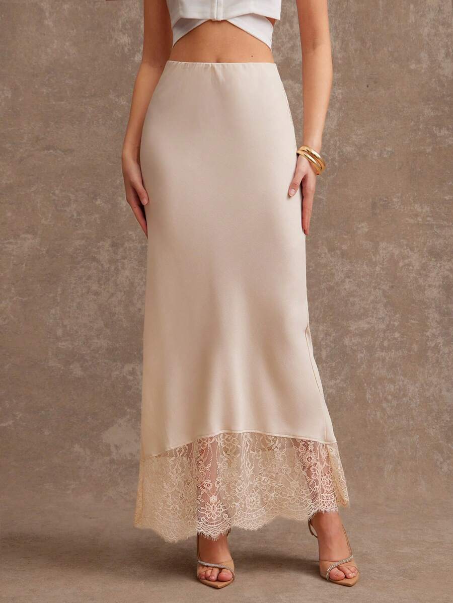L'Amorae Solid Satin Lace Hem Detail Low Rise Midi Skirt