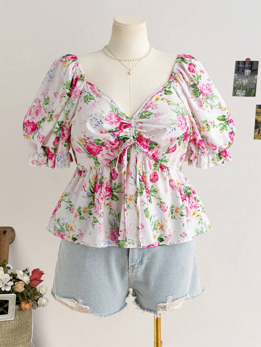 SHEIN WYWH Plus Size Romantic Holiday Short Sleeve Shirt Blouse