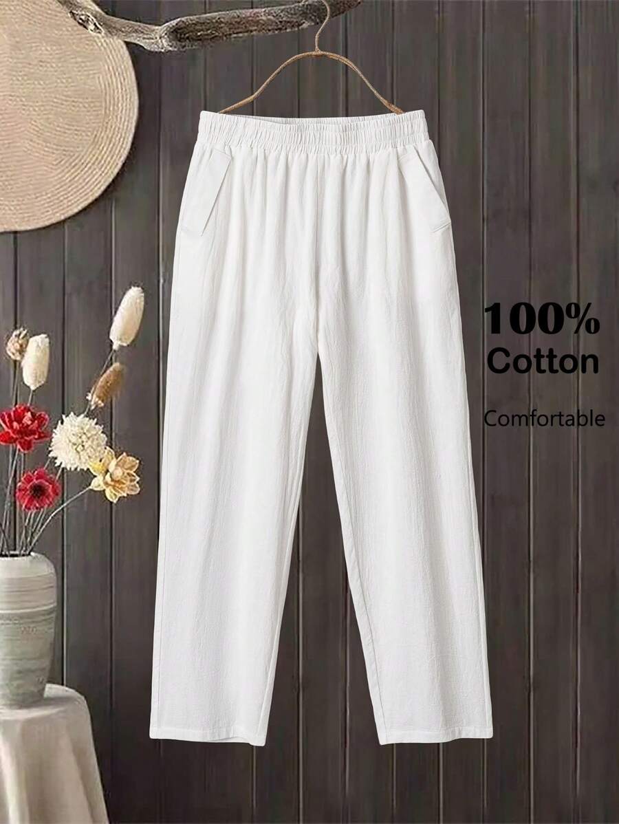 Rusticease Plus Size Solid Color Casual Minimalist Style White Pants Women, St Patrick Day Outfit,Summer Outfits For Women,Vacation Outfits Woman,Casual Everyday Wear