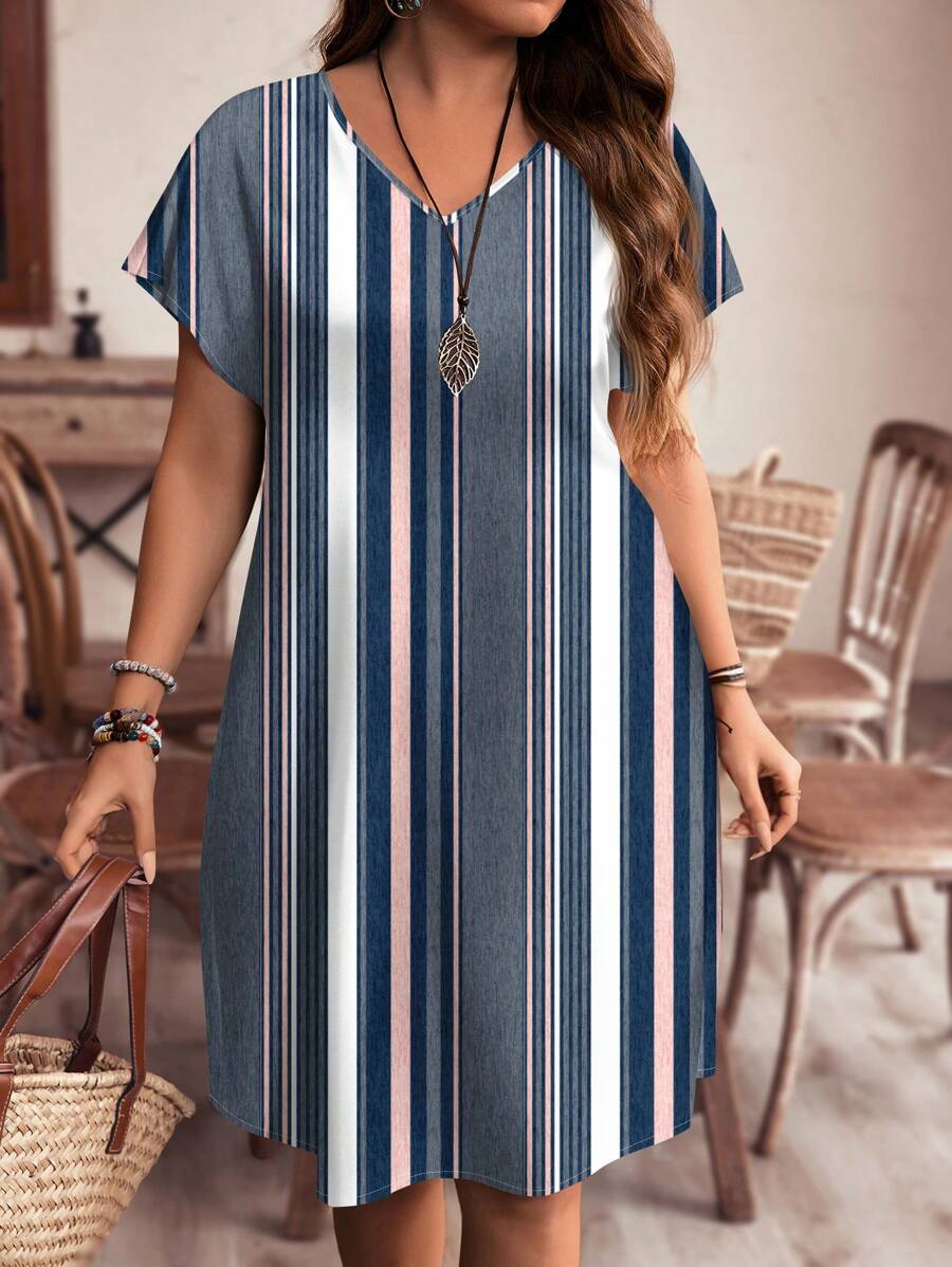 EMERY ROSE Plus Size V-Neck Raglan Sleeve Casual Dress, Suitable For Summer,Summer Outfits For Women / Summer / Summer Clothes,Boho Women Clothing
