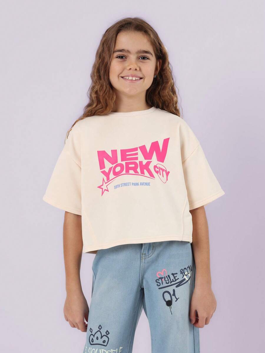 SUMWON Camiseta corta para adolescentes de NYC con gráfico impreso de la Quinta Avenida, estilo casual de moda callejera para el verano, regreso a la escuela, ropa urbana, básico genial