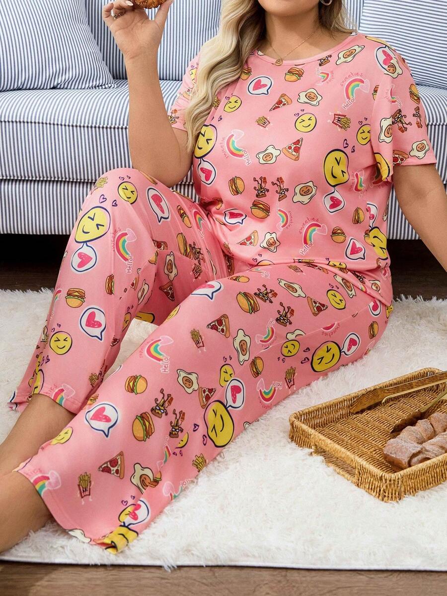 Pyjamaset in grote maten met hart-, cartoon- en grafische print