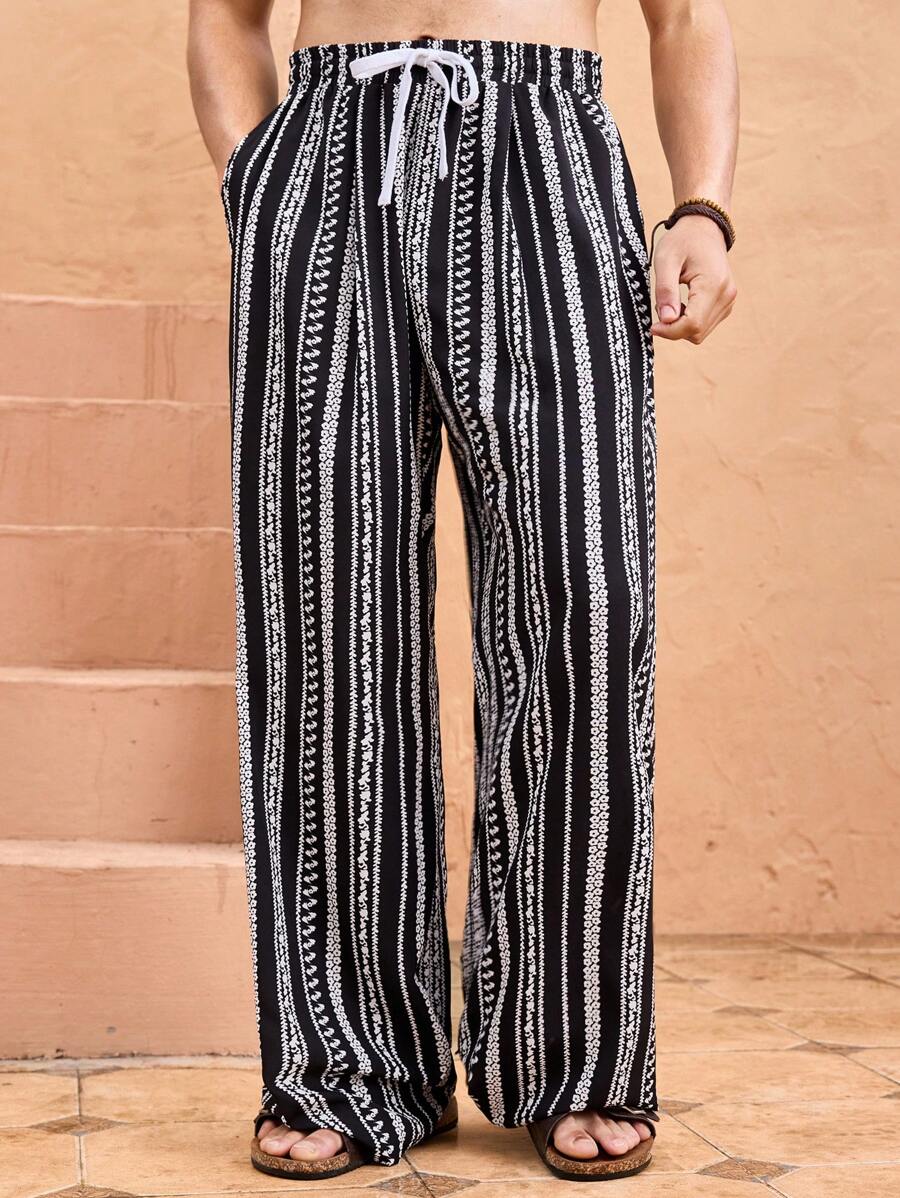 Manfinity VCAY Men's Casual Loose Waist Drawstring Straight Leg Trousers, Woven Fabric, Daily Wear