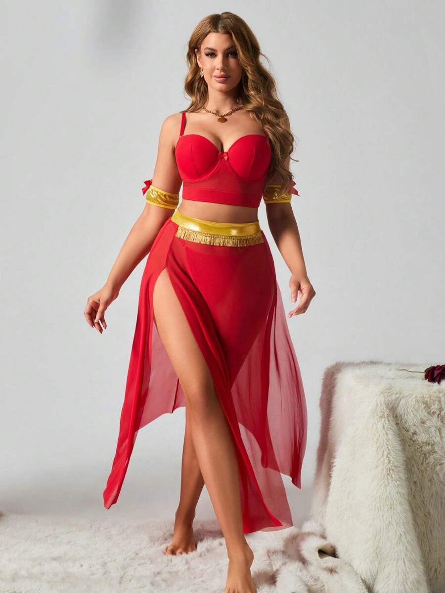 SHEIN Conjunto de 5 piezas de ropa interior sexy para mujer (incluye sujetador con aros, tanga, minifalda, 2 piezas de anillos para la muñeca), atuendo para festivales de música