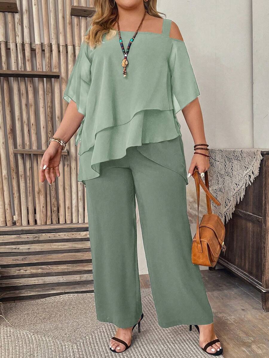 SHEIN Clasi Plus Size Vacation Casual Solid Color Asymmetrical Top & Wide Leg Pants 2 Pieces Set
