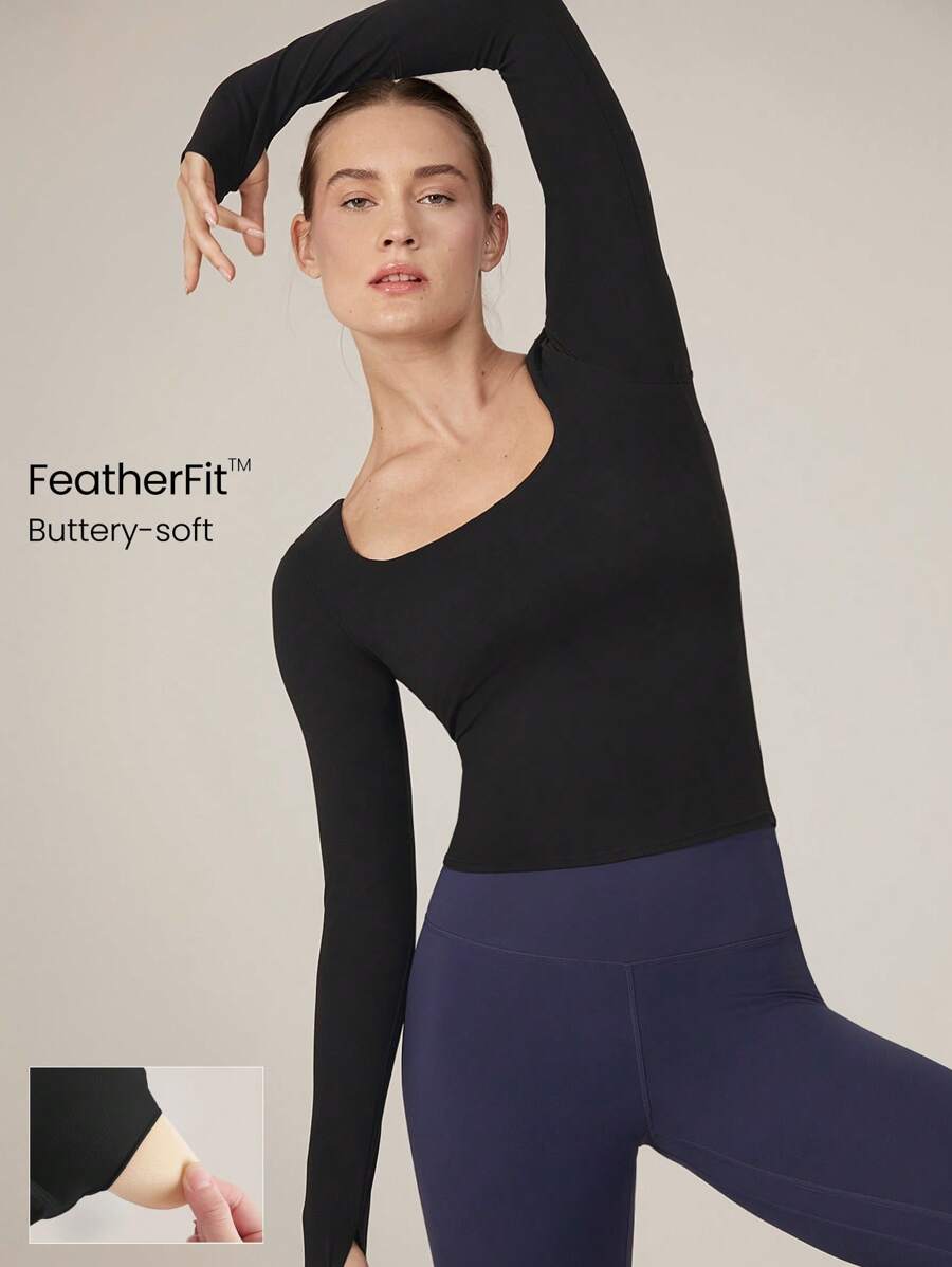 GLOWMODE FeatherFit™ Maglietta a maniche lunghe scollo tondo senza impatto con taschine estraibili, pratica per lo yoga e l'uso quotidiano