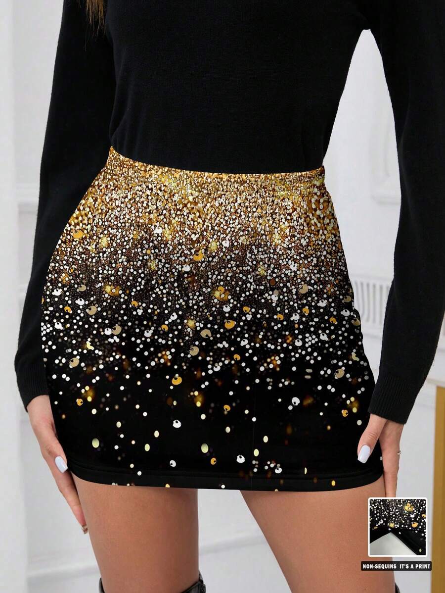 SHEIN Clasi Gold Glitter Print Thicker Midi Skirt For Women, Suitable For Christmas, Autumn/Winter