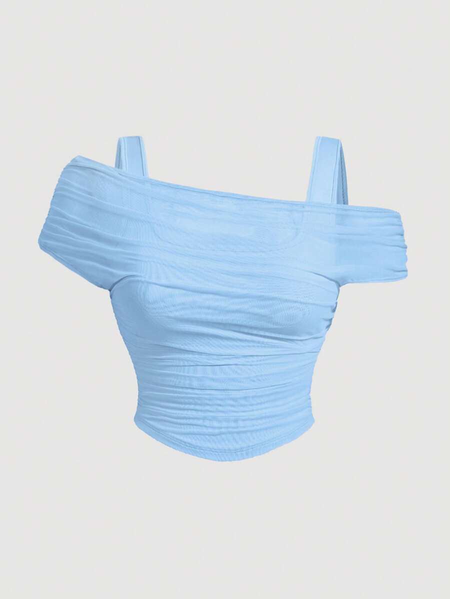 SHEIN MOD Parte superior tipo chaleco sin mangas, de tela transparente, color azul claro y hombros descubiertos, para talla grande, para el verano