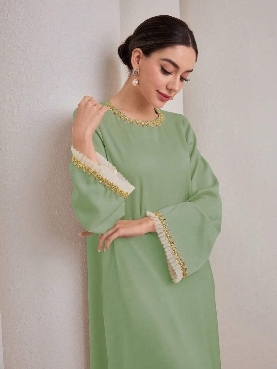 Graceveil Ribboned Ruffle Hem Women's Arabian Style Dress, Suitable For Spring And Autumn Modest
