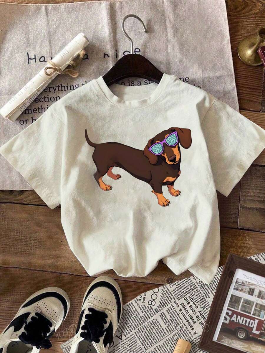 Flirla Maglietta da donna casual, di taglia comoda, con grafica di un cane in stile vintage semplice, con scollo rotondo e maniche corte