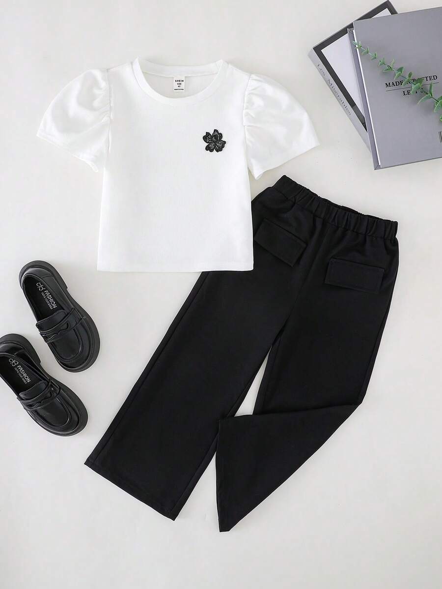 PrepCrw Set van 2 stuks met gebreid T-shirt met borduursel en geweven lange broek in lente-/zomerstijl voor jonge meisjes
