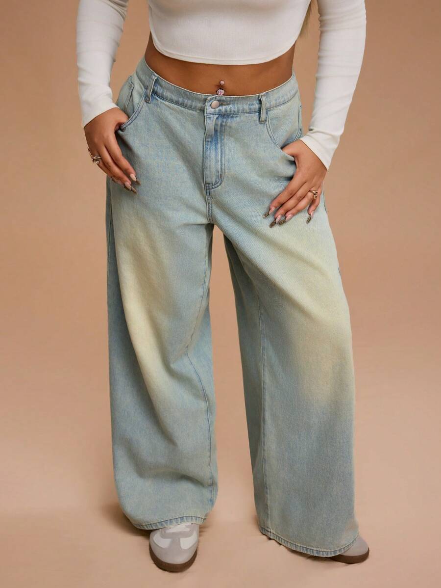 Forever 21 Plus Size Women's Pocketed Wide Leg Loose Casual Versatile Jeans