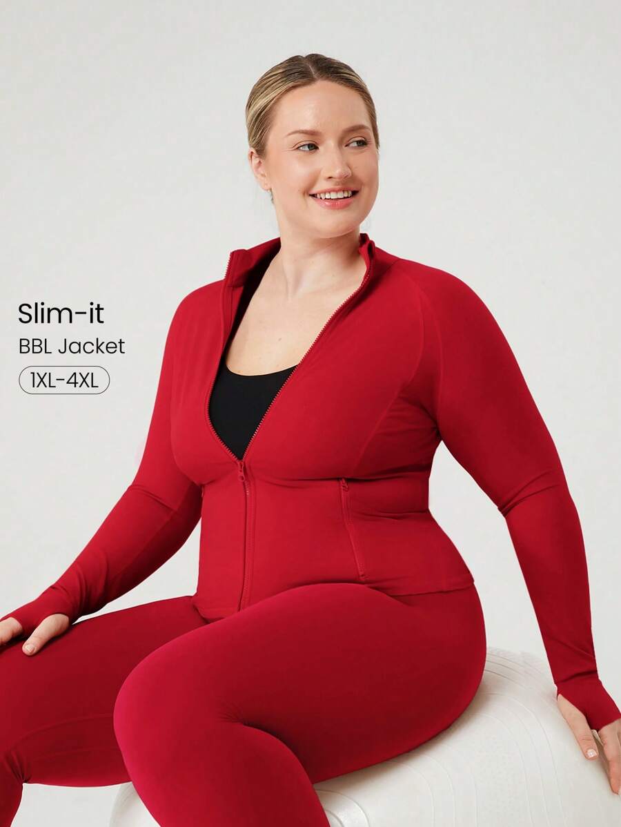 GLOWMODE Plus Size FeatherFit™ Slim Fit Thumbhole Jacket With Side Pockets Low Impact Yoga Pilates Studio Daily Casual Wear