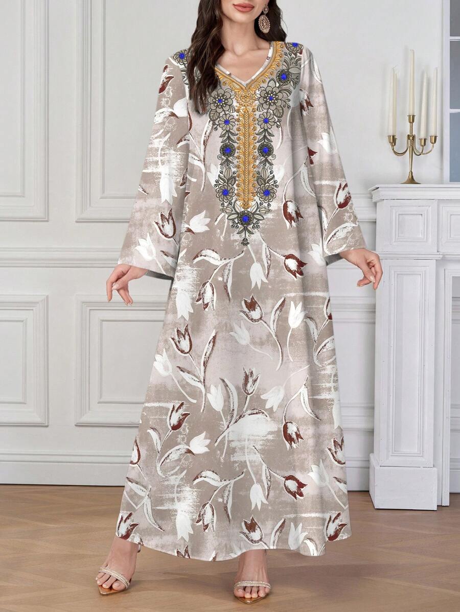 Al Najma Elegant Vintage Floral Placement Print V-Neck Dress For Women,Modest