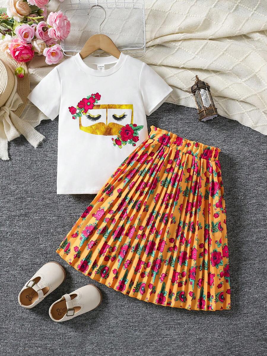 2pcs/Set Young Girls Funny Cute Girl Print T-Shirt And Rose Print Pleated Long Skirt Outfit. The Long Skirt Features An Elegant Rose All-Over Print Design And Pleated Details, Adding Depth And Movement. The Long Skirt Design Elevates The Outfit With A Graceful Vibe, Suitable For Various Occasions Like Daily Wear, Family Gatherings Or Special Events.