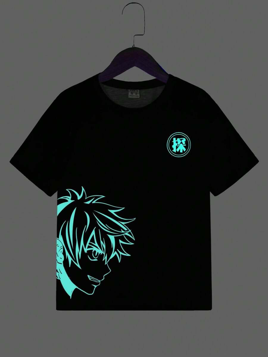 SHEIN Camiseta de manga corta con estampado de personaje reflectante y letras para niño preadolescente, uso casual de todos los días para verano