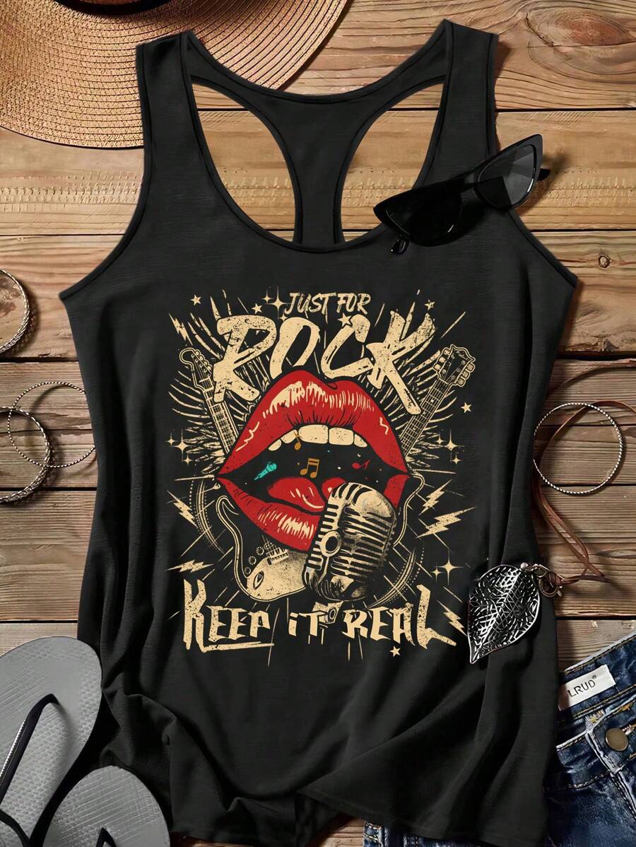 Attitoon Music Festival Lip Print Casual Minimalist Loose Plus Size Camisole Suitable For Summer