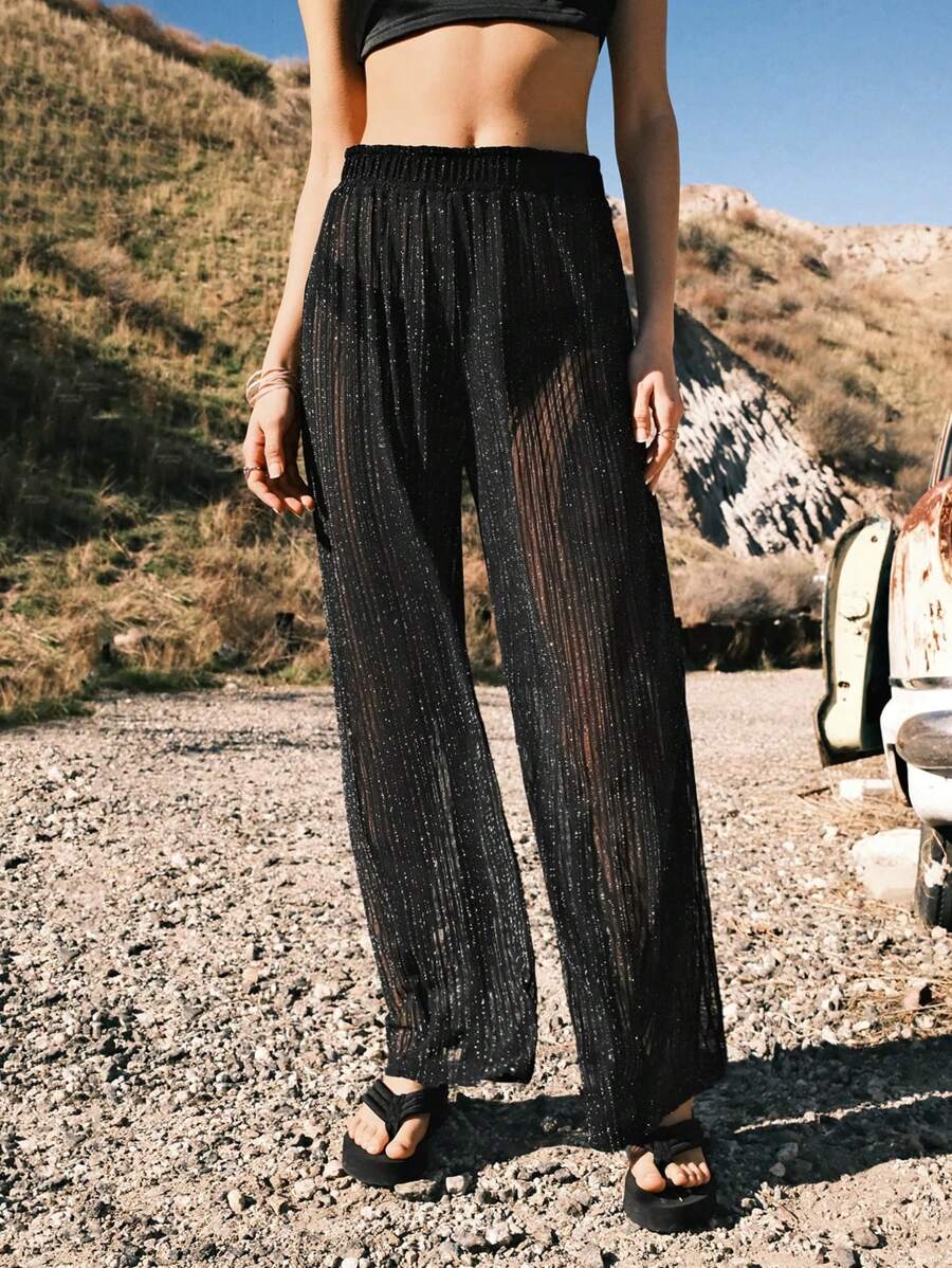 SHEIN EZwear Women's Solid Color Mesh Seathough Pants, Concert Outfit Women,Western Women Outfits
