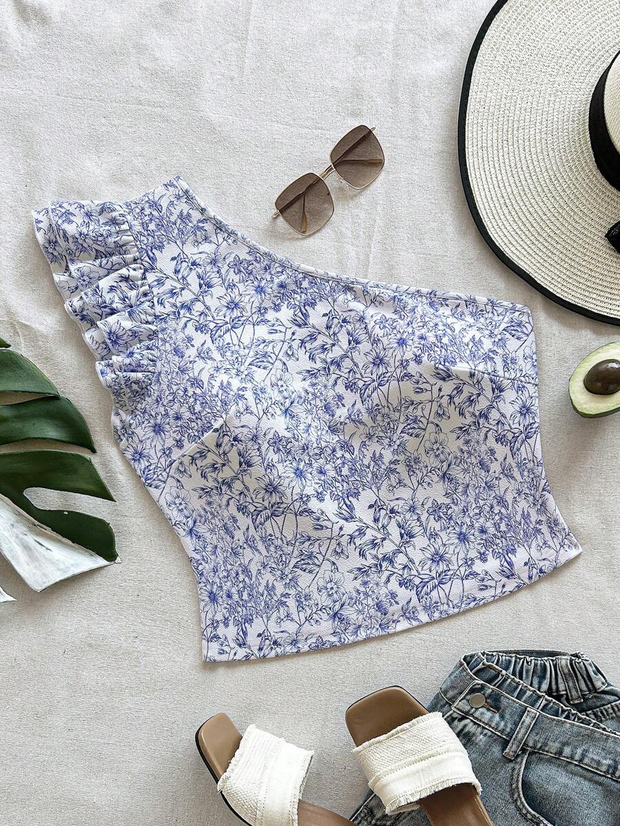 SHEIN VCAY Plus Size One Shoulder Floral Print Double-Layer Cap Sleeve Fitted T-Shirt - Blue and White - View 1