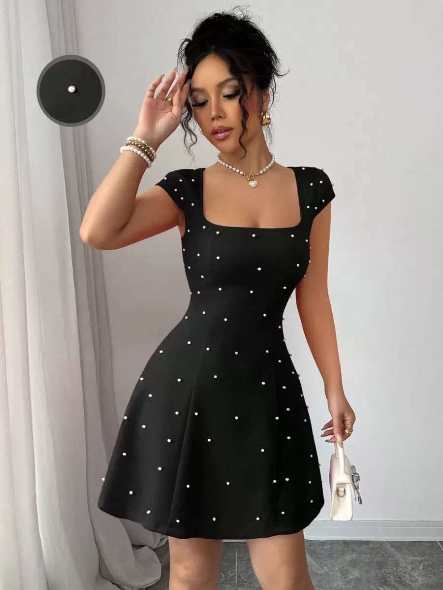 Elenzga Elegant Solid Color Mini Dress, European Style, Ruffle Shoulder Sleeve, Pearls Decor, Slim Fit Waist, A-Line Hem