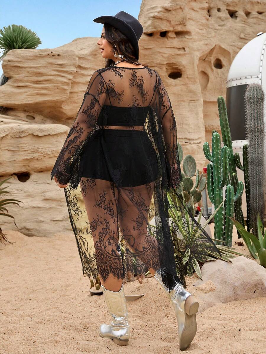 SHEIN EZwear Blusa negra larga y transparente con encaje de talla grande y sexy
