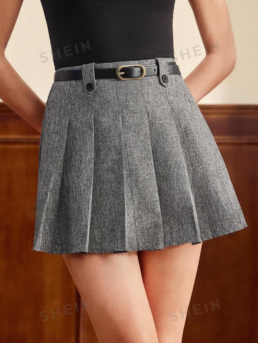 Vintamour Pantalones cortos vintage elegantes con pliegues, cintura alta, uso casual o de trabajo con cinturón y decoración de botones