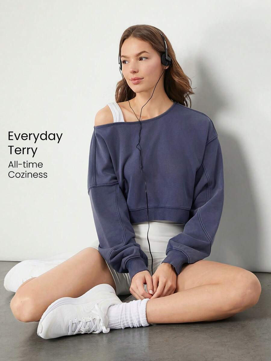 GLOWMODE Soft Skin-Friendly Washed Crop Off-Shoulder Ribbed Hem Cuffs Sweatshirt Daily Casual Wear