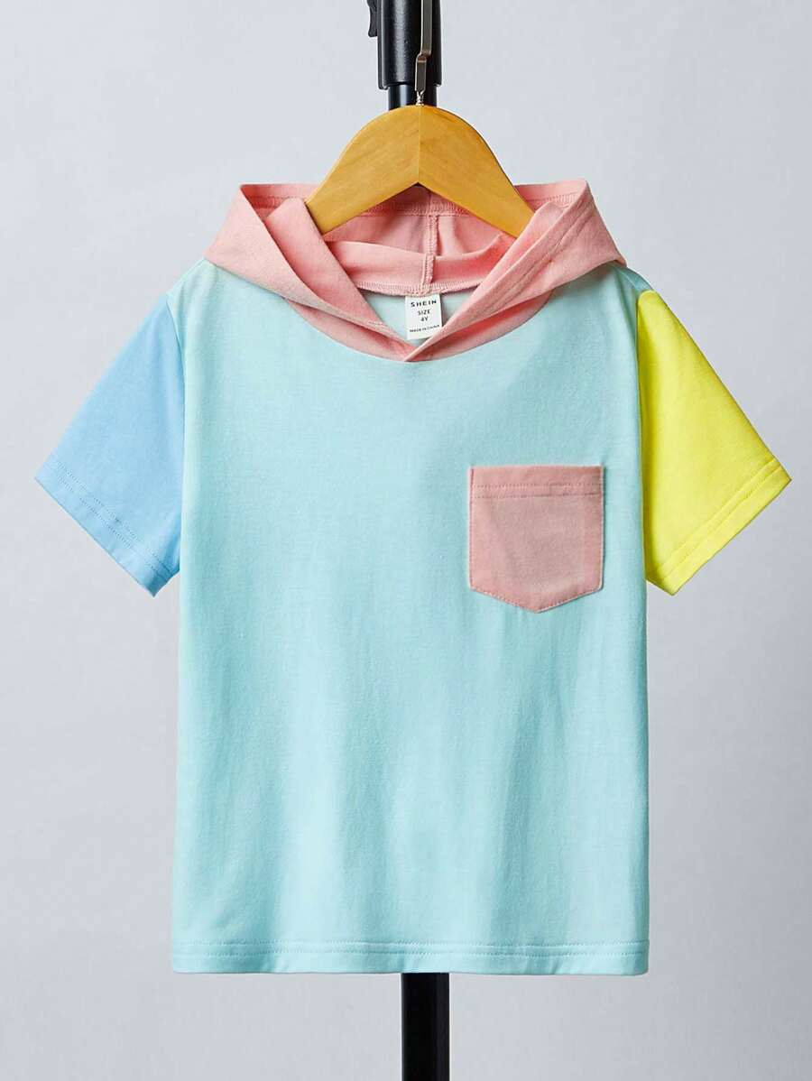 SHEIN Camiseta Joven Con Capucha Y Bolsillo Parchado A Bloques De Color