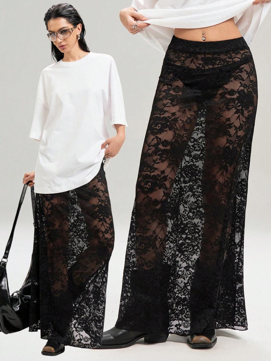 SHEIN EZwear Falda larga negra de encaje sexy de talla grande para mujer, de verano