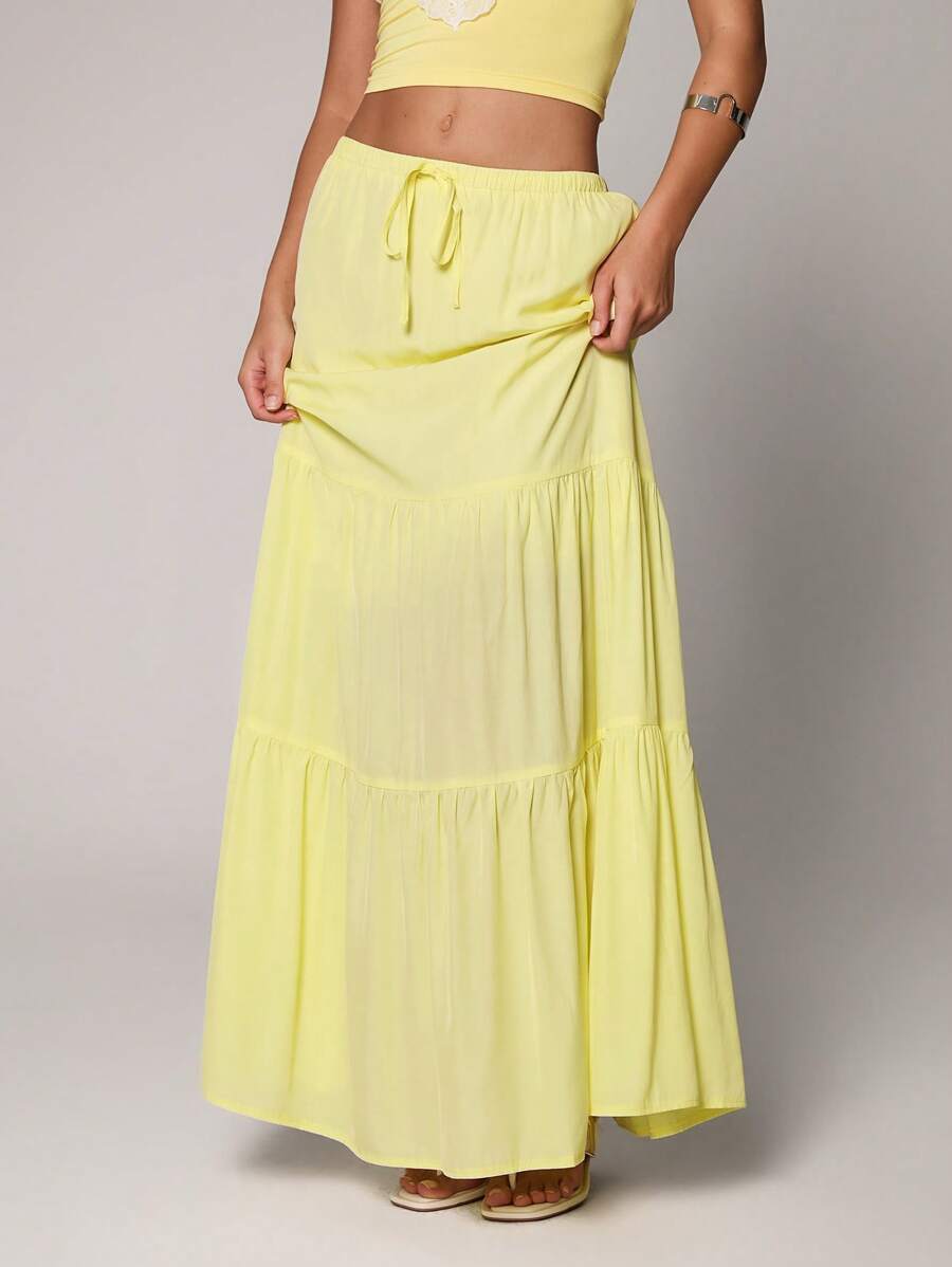 TRNVIE Casual Yellow Low-Waist Wrap Long Skirt