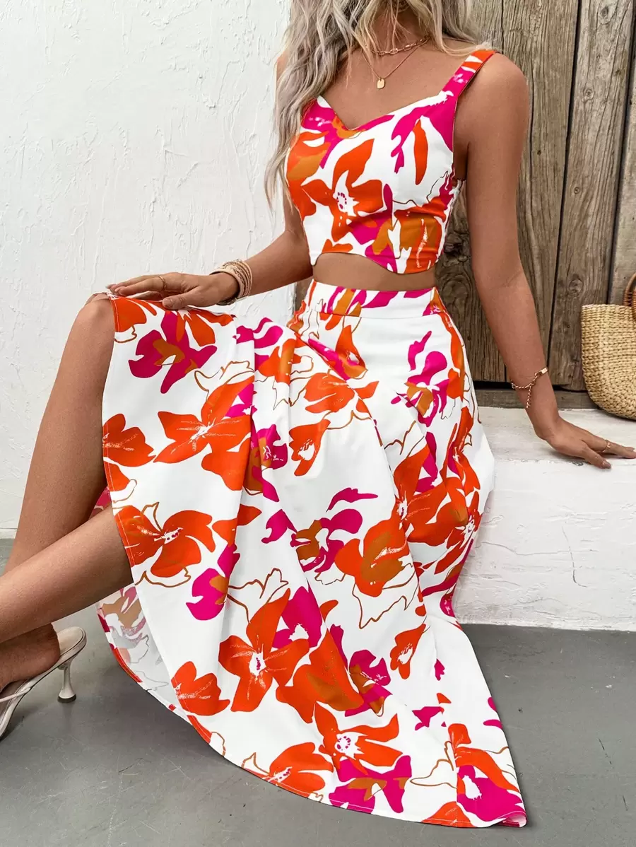 Breezaya Set de 2 piezas de camiseta corta y minifalda con estampado de plantas, conjunto de vacaciones para mujer