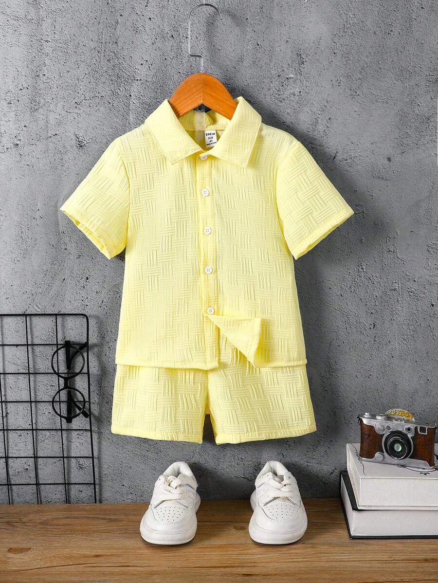 SHEIN Effen poloshirt met kraag en korte broek voor jonge jongens, set van 2 stuks, zomer