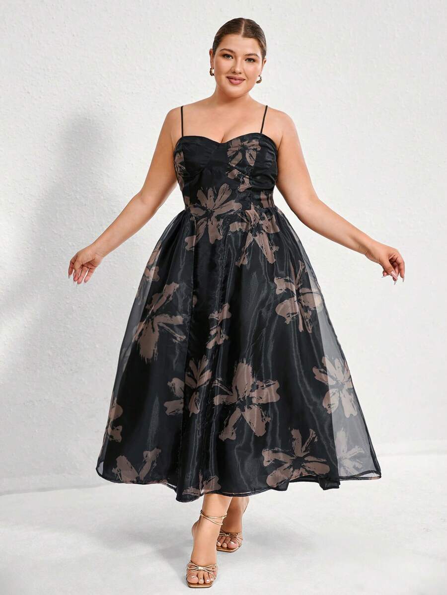 Aveloria Rosie Vestido de línea A para mujer, con base negra elegante estilo francés, estampado floral beige en tela de organza, costuras con copas de sujetador y cintura ceñida