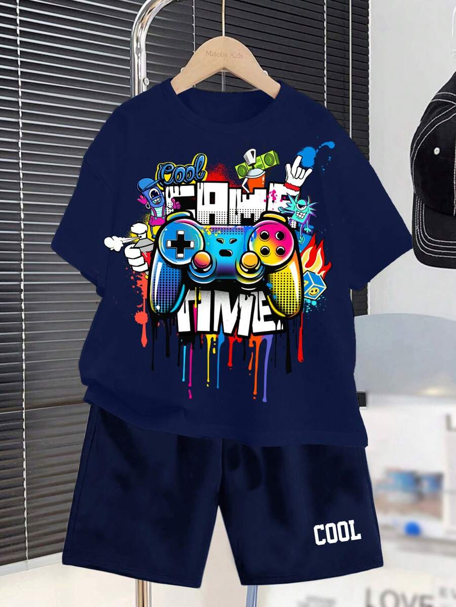 SHEIN 2pcs Tween Boys Casual Minimalist Round Neck Short Sleeve Shorts Set, Summer Outfit